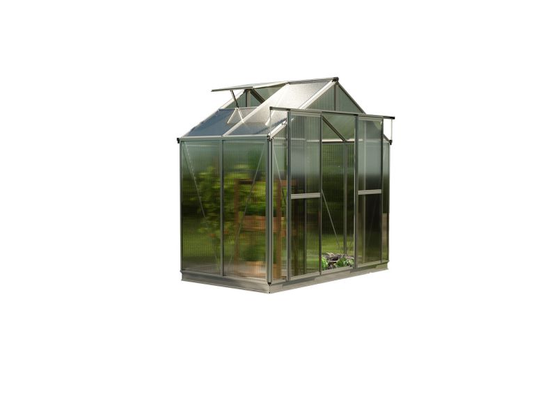 Das Bild präsentiert das Gewächshaus Saphir 2 mit 8 mm Stegplatten ohne zusätzliches Setangebot. Das Bild hebt die hochwertigen Materialien und die klare Struktur hervor, ideal für den Gärtner, der eine maßgeschneiderte Lösung sucht.