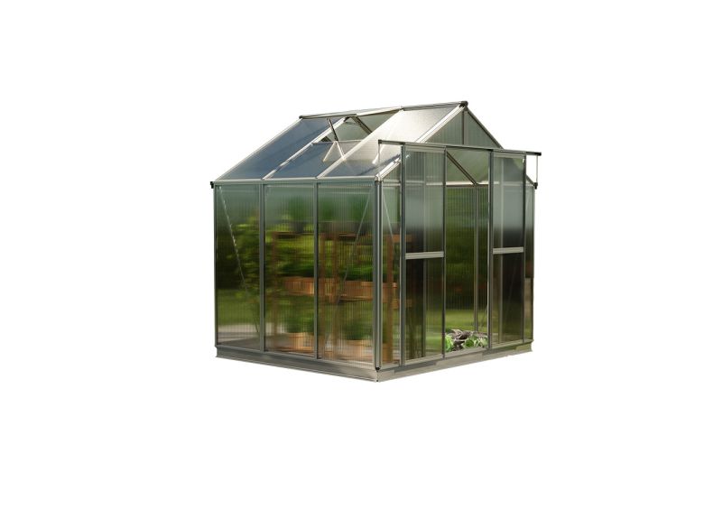 Das Bild präsentiert das Gewächshaus Saphir 3 mit 8 mm Stegplatten ohne zusätzliches Setangebot. Die hochwertigen Materialien und das klare Design bieten eine solide Basis für individuelle Gestaltung und Anpassung.