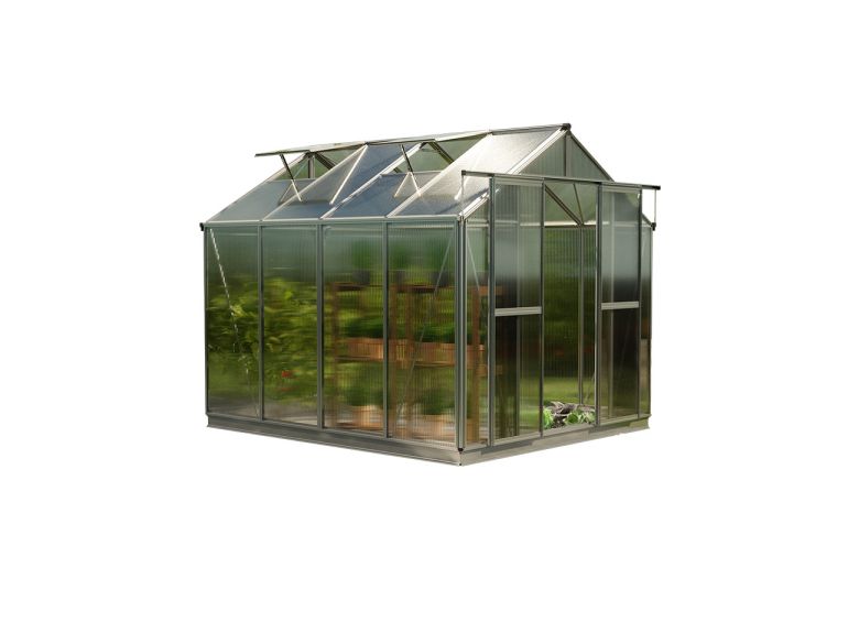 Auf Bild präsentiert sich das Gewächshaus Saphir 4 mit 6 mm Stegplatten und dem XL-Aktionsset. Die silberne Aluminiumstruktur und das großzügige XL-Set schaffen eine ideale Umgebung für leidenschaftliche Gärtner.