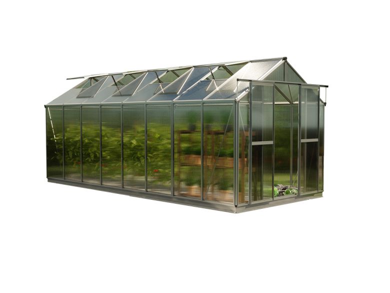 Das Bild zeigt das Gewächshaus Saphir 8 mit 6 mm Stegplatten und dem XL-Aktionsset. Die elegante schwarze Aluminiumstruktur und das großzügige XL-Set bieten eine ideale Umgebung für anspruchsvolle Gärtner.
