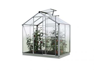 Die vordere Perspektive des Gewaechshauses Jasmin 2 zeigt eine zeitgemäße Struktur und hochwertige Materialien, die eine optimale Pflege der Pflanzen ermöglichen.