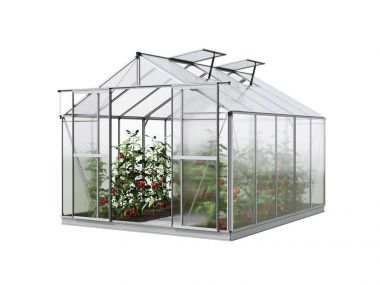 Die Frontansicht des Gewaechshauses Orchidee 5 enthüllt eine moderne Struktur und hochwertige Materialien, die eine optimale Pflege der Pflanzen ermöglichen.