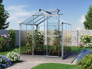 Die vordere Perspektive des Gewaechshauses Jasmin 3 zeigt eine zeitgemäße Struktur und hochwertige Materialien, die eine optimale Pflege der Pflanzen ermöglichen.