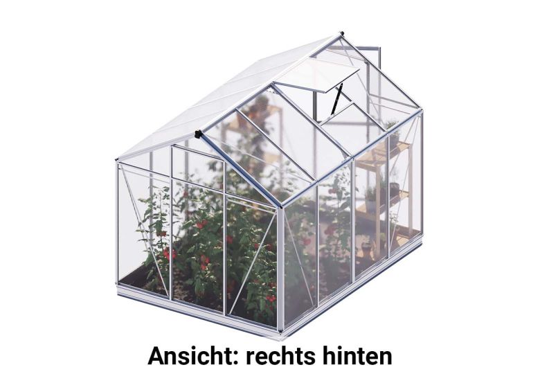 Die rechte hintere Ansicht des Gewaechshauses Eco-Star 4 unterstreicht die Stabilität der Konstruktion und die Verwendung hochwertiger Materialien für eine lange Haltbarkeit.