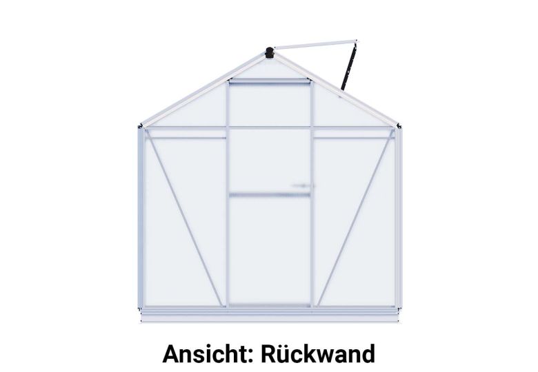 Die Rückwand des Gewaechshauses Eco-Star 4 zeigt eine geschlossene Struktur, die einen sicheren Raum für die Pflanzen schafft und vor äußeren Einflüssen schützt.