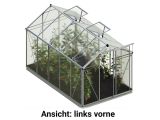 Von der linken Seite betrachtet, frei von anderen Elementen, offenbart das Gewaechshaus Jasmin 5 eine durchdachte Konstruktion und modernes Design, harmonisch in den Garten integriert.