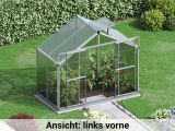 Von der linken Seite betrachtet enthüllt das Gewaechshaus Orchidee 2 eine durchdachte Konstruktion und ein modernes Design, harmonisch in den Garten integriert.