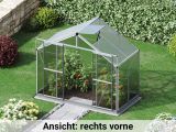 In der rechten Vorderansicht präsentiert sich das Gewaechshaus Orchidee 2 aus einer eleganten Perspektive und zeichnet sich durch eine hochwertige Bauweise aus.