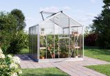 Die frontale Ansicht des Gewaechshauses Eco-Star 4 präsentiert eine moderne Struktur und hochwertige Materialien für eine optimale Pflanzenpflege.