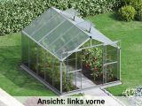 Von der linken Seite betrachtet enthüllt das Gewaechshaus Orchidee 5 eine durchdachte Konstruktion und ein modernes Design, harmonisch in den Garten integriert.