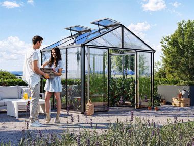 Gewaechshaus ASTERIA 21. Das Gewaechshaus klein mit 16 mm ALLTOP Plexiglas. Gewächshäuser nach eigenen Bedürfnissen konfigurierbar. Ein Glashaus der GFP Profi Gewaechshaus Serie. Ein Gewaechshaus selber bauen in den Farben Aluminium-Natur, Anthrazit oder