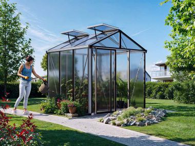 Gewaechshaus DIAMAS 21. Das Gewaechshaus klein mit 12 mm Doppelstegplatten. Ein Glashaus der GFP Profi Gewaechshaus Serie. Ein Gewaechshaus selber bauen in den Farben Aluminium-Natur, Anthrazit oder Gruen.