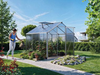 Gewaechshaus VIOLA, Glashaus mit Einfachtür, Gewaechshaus klein mit Dachfenster und automatischem Fensteroeffner