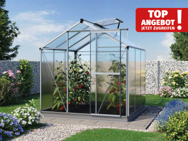 Die vordere Perspektive des Gewaechshauses Jasmin 3 zeigt eine zeitgemäße Struktur und hochwertige Materialien, die eine optimale Pflege der Pflanzen ermöglichen.