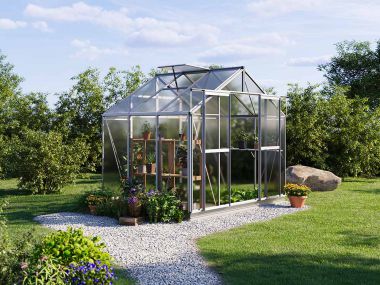 Gewaechshaus Saphir 3. Das Gewaechshaus klein mit 6 oder auch 8 mm Doppelstegplatten. Ein Glashaus der GFP Hobby Gewaechshaus Serie. Ein Gewaechshaus zum selber bauen in der Farbe Aluminium-Natur.