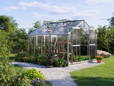 Gewaechshaus Saphir 5. Das Gewaechshaus klein mit 6 oder auch 8 mm Doppelstegplatten. Ein Glashaus der GFP Hobby Gewaechshaus Serie. Ein Gewaechshaus zum selber bauen in der Farbe Aluminium-Natur.