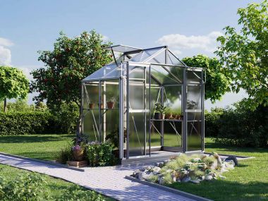 Gewaechshaus Topas 2. Das Gewaechshaus klein mit 6 oder auch 8 mm Doppelstegplatten. Ein Glashaus der GFP Hobby Gewaechshaus Serie. Ein Gewaechshaus zum selber bauen in der Farbe Aluminium-Natur.