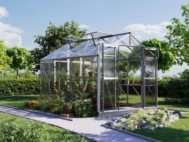 Gewaechshaus Topas 5. Das Gewaechshaus klein mit 6 oder auch 8 mm Doppelstegplatten. Ein Glashaus der GFP Hobby Gewaechshaus Serie. Ein Gewaechshaus zum selber bauen in der Farbe Aluminium-Natur.