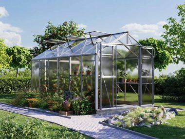 Gewaechshaus Topas 6. Das Gewaechshaus klein mit 6 oder auch 8 mm Doppelstegplatten. Ein Glashaus der GFP Hobby Gewaechshaus Serie. Ein Gewaechshaus zum selber bauen in der Farbe Aluminium-Natur.