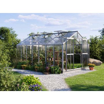 Das Bild zeigt das Gewächshaus Saphir 7 mit 6 mm Stegplatten und dem XL-Aktionsset. Die elegante schwarze Aluminiumstruktur und das großzügige XL-Set bieten eine ideale Umgebung für anspruchsvolle Gärtner.