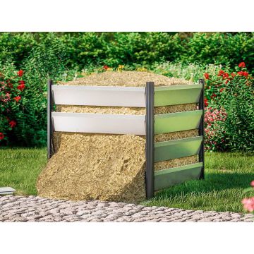 Hier stellen wir Ihnen unseren Natur Aluminium Komposter vor, Größe 90x90 cm, nachhaltig, stabil und perfekt für die effiziente Verwertung von Gartenabfällen.