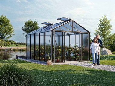 Gewaechshaus ASTERIA 23. Das Gewaechshaus klein mit 12 mm Doppelstegplatten. Ein Glashaus der GFP Profi Gewaechshaus Serie. Ein Gewaechshaus selber bauen in den Farben Aluminium-Natur, Anthrazit oder Gruen.