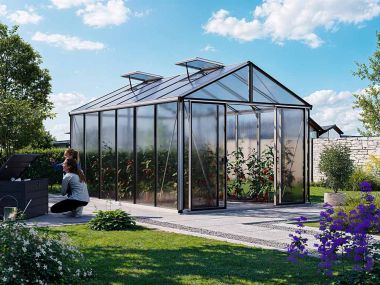 Gewaechshaus ASTERIA 24. Das Gewaechshaus klein mit 12 mm Doppelstegplatten. Ein Glashaus der GFP Profi Gewaechshaus Serie. Ein Gewaechshaus selber bauen in den Farben Aluminium-Natur, Anthrazit oder Gruen.