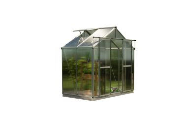 Das Bild zeigt das Gewächshaus Saphir 2 mit 6 mm Stegplatten in strahlendem Silber, ergänzt durch das XL-Aktionsset. Die äußere Eleganz vereint sich mit zusätzlichen Funktionen, die diesem XL-Set einen besonderen Platz in der Welt der Gartenliebhabe