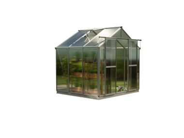 Das Bild zeigt das Gewächshaus Saphir 3 mit 6 mm Stegplatten ohne Setangebot. Die schlichte Eleganz der schwarzen Aluminiumstruktur wird betont, während der Fokus auf Flexibilität für individuelle Gestaltung liegt.