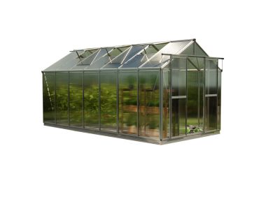 Das Bild zeigt das Gewächshaus Saphir 7 mit 6 mm Stegplatten und dem XL-Aktionsset. Die elegante schwarze Aluminiumstruktur und das großzügige XL-Set bieten eine ideale Umgebung für anspruchsvolle Gärtner.