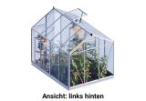 Links hinten betrachtet präsentiert sich das Gewaechshaus Eco-Star 4 mit einer soliden Rückseite und klaren Linien.