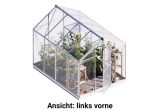 Von links betrachtet offenbart das Gewaechshaus Eco-Star 4 eine durchdachte Konstruktion und modernes Design, das sich nahtlos in den Garten einfügt.
