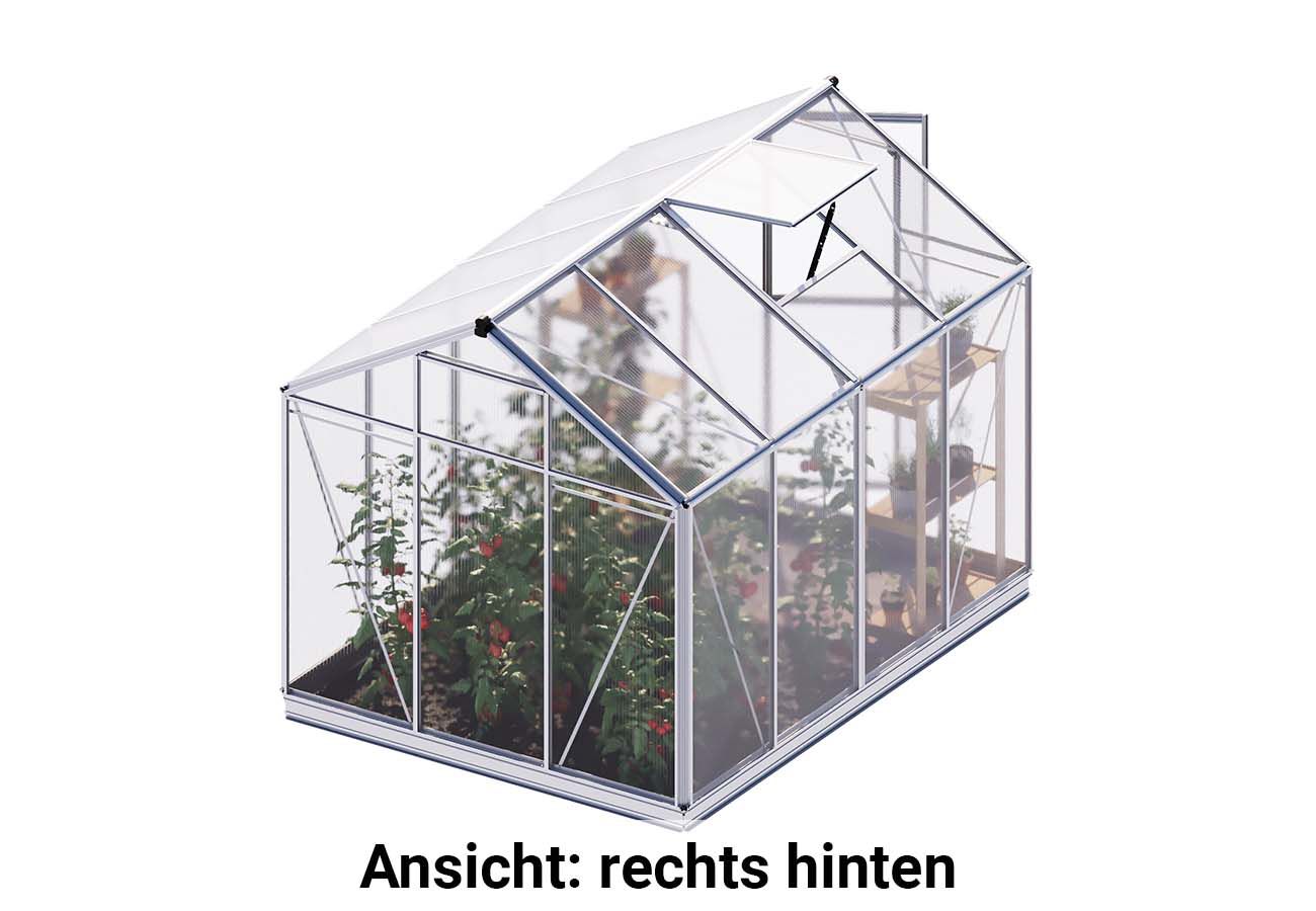 Die rechte hintere Ansicht des Gewaechshauses Eco-Star 4 unterstreicht die Stabilität der Konstruktion und die Verwendung hochwertiger Materialien für eine lange Haltbarkeit.