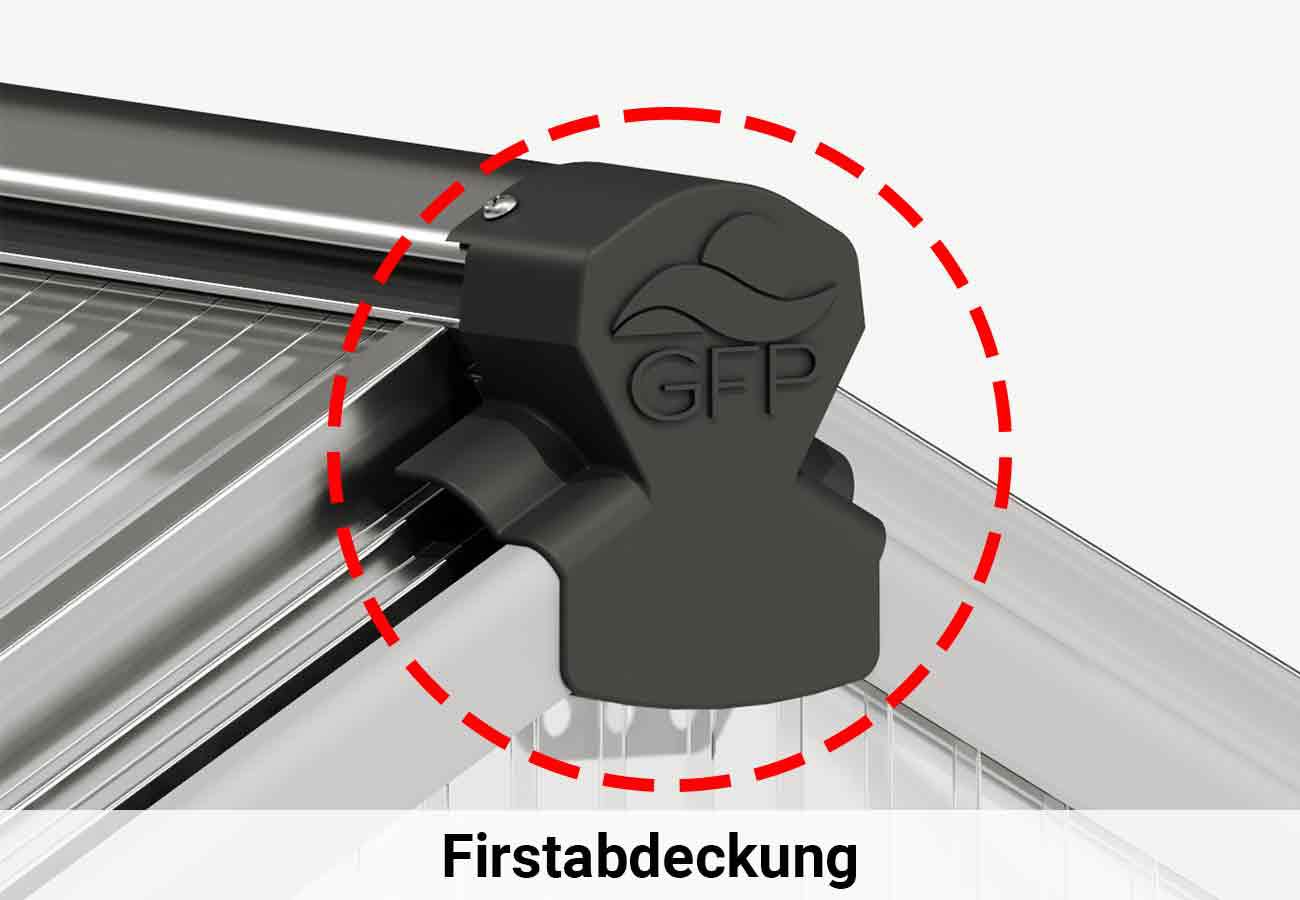 Die Firstkappe des Gewaechshauses Eco-Star 2 schützt den First vor Witterungseinflüssen und verleiht der gesamten Konstruktion ein ästhetisches Finish.