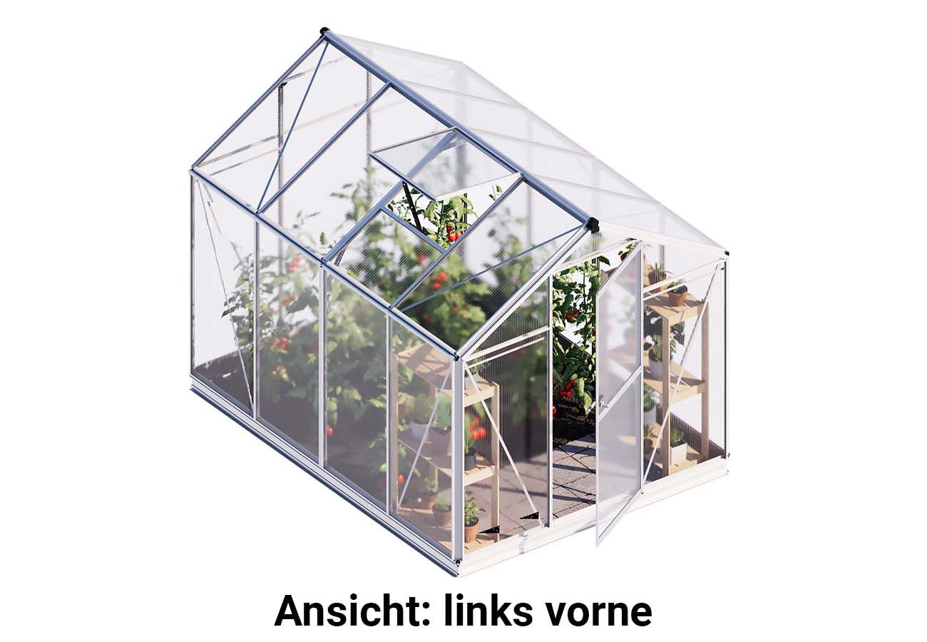 Von links betrachtet offenbart das Gewaechshaus Eco-Star 4 eine durchdachte Konstruktion und modernes Design, das sich nahtlos in den Garten einfügt.