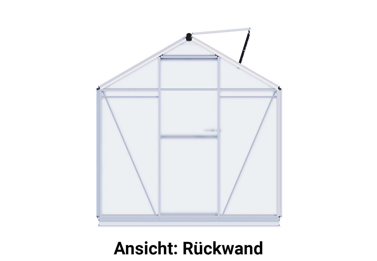 Die Rückwand des Gewaechshauses Eco-Star 4 zeigt eine geschlossene Struktur, die einen sicheren Raum für die Pflanzen schafft und vor äußeren Einflüssen schützt.
