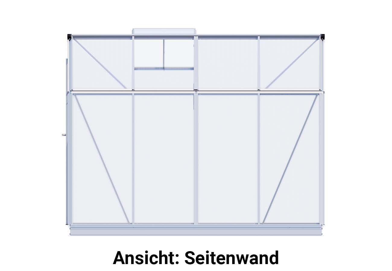 Die Seitenansicht des Gewaechshauses Eco-Star 4 betont klare Linien und hochwertige Verarbeitung, die sich nahtlos in den Garten einfügt.