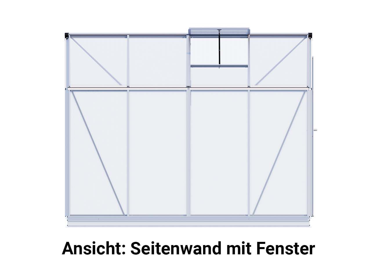 Die Seitenwand mit Fenster des Gewaechshauses Eco-Star 4 ermöglicht Einblicke ins Innere und sorgt für optimale Belüftung und Lichtzufuhr.