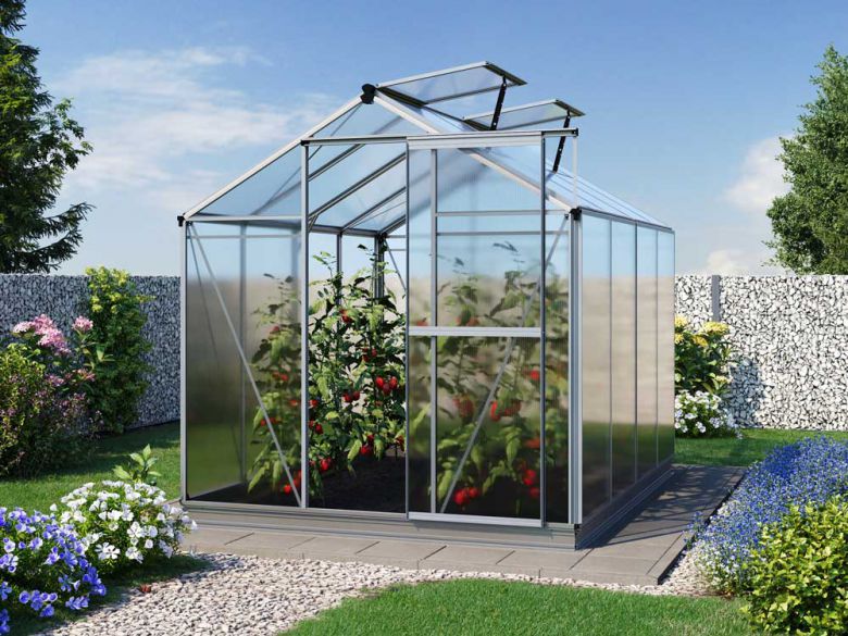 Die vordere Perspektive des Gewaechshauses Jasmin 4 zeigt eine zeitgemäße Struktur und hochwertige Materialien, die eine optimale Pflege der Pflanzen ermöglichen.