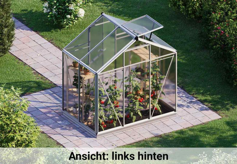 Links hinten betrachtet präsentiert sich das Gewaechshaus Eco-Star 2 mit einer soliden Rückseite und klaren Linien.