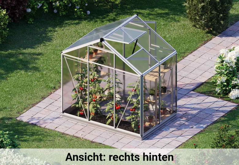 Von links betrachtet offenbart das Gewaechshaus Eco-Star 2 eine durchdachte Konstruktion und modernes Design, das sich nahtlos in den Garten einfügt.