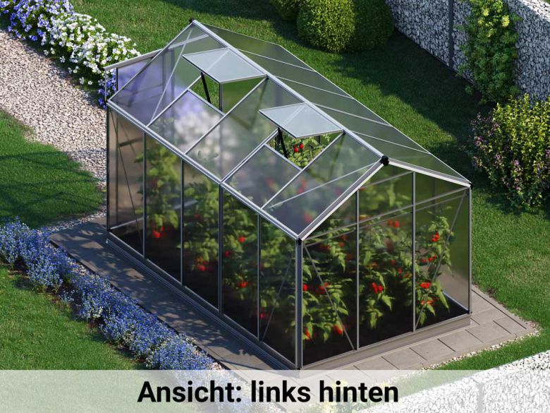 Die linke hintere Ansicht präsentiert das Gewaechshaus Jasmin 5 mit einer stabilen Rückseite und klaren Linien.