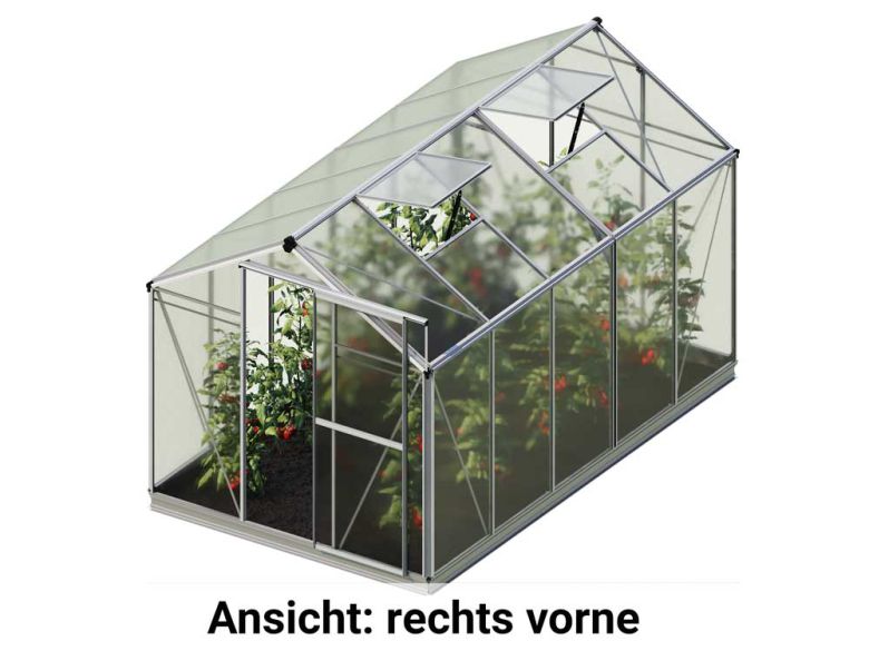 In der freigestellten rechten Vorderansicht, ohne Einflüsse der Umgebung, zeigt sich das Gewaechshaus Jasmin 5 aus einer eleganten Perspektive mit einer hochwertigen Bauweise.