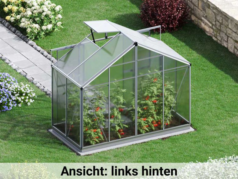 Die linke hintere Ansicht präsentiert das Gewaechshaus Orchidee 2 mit einer stabilen Rückseite und klaren Linien.