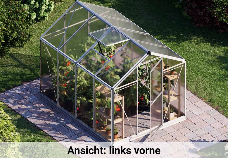 Von links betrachtet offenbart das Gewaechshaus Eco-Star 4 eine durchdachte Konstruktion und modernes Design, das sich nahtlos in den Garten einfügt.