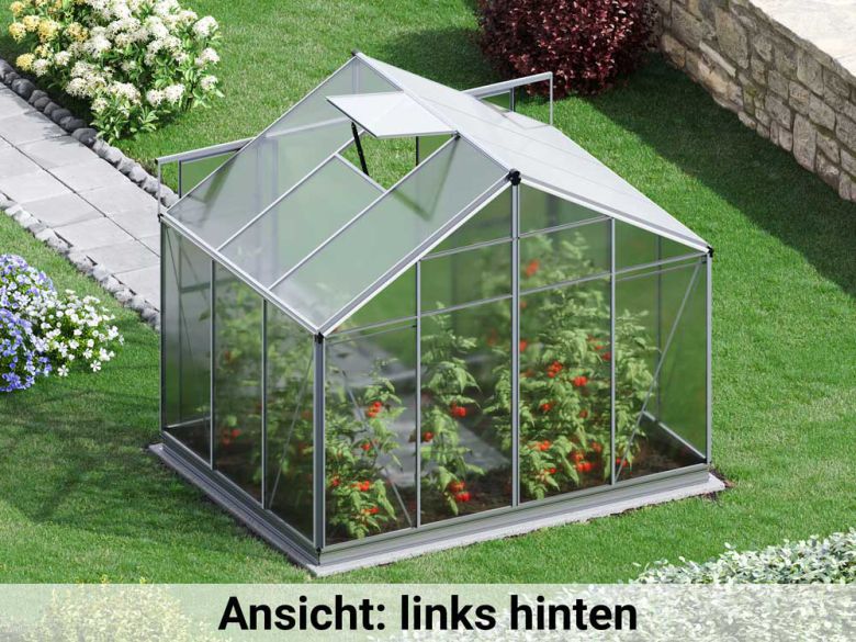 Die linke hintere Ansicht präsentiert das Gewaechshaus Orchidee 3 mit einer stabilen Rückseite und klaren Linien.