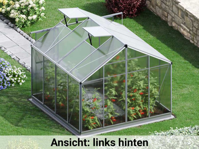 Die linke hintere Ansicht präsentiert das Gewaechshaus Orchidee 4 mit einer stabilen Rückseite und klaren Linien.