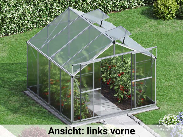 Von der linken Seite betrachtet enthüllt das Gewaechshaus Orchidee 4 eine durchdachte Konstruktion und ein modernes Design, harmonisch in den Garten integriert.