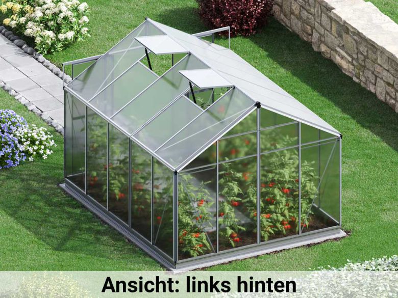 Die linke hintere Ansicht präsentiert das Gewaechshaus Orchidee 5 mit einer stabilen Rückseite und klaren Linien.