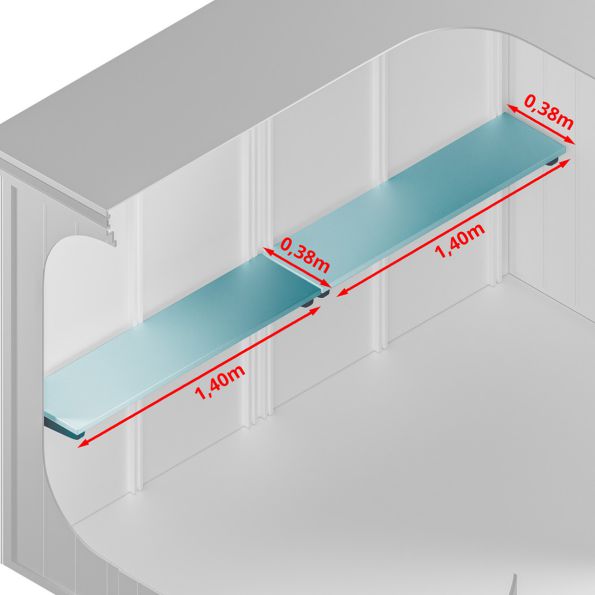 Die Abbildung zeigt das Regalsystem für das Gerätehaus Manuel 2922 mit Abmessungen. Für eine optimale Nutzung können mehrere Regale übereinander aufgehängt werden.